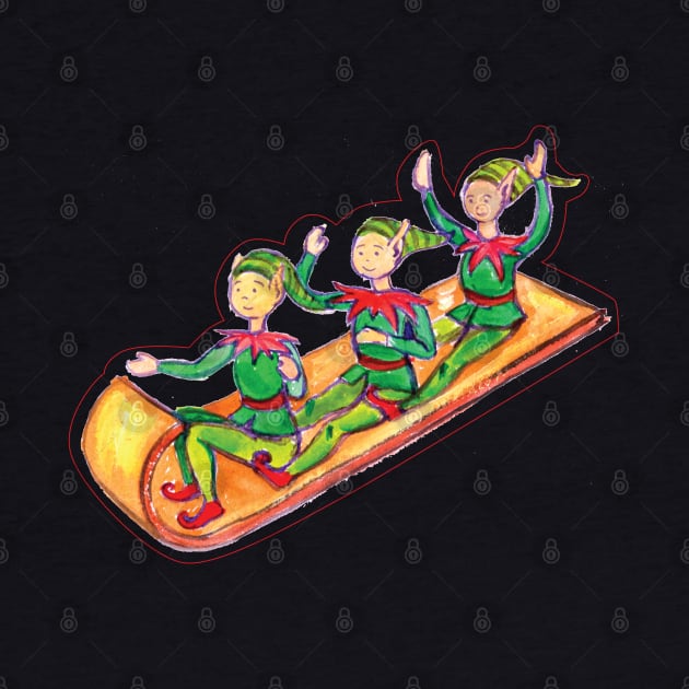 Elves on toboggan in gouache by holidaystore